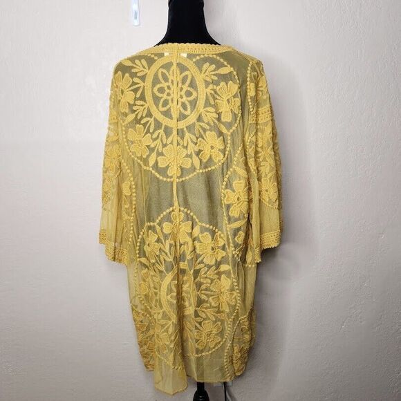 UMGEE Kimono Cardigan Women Small Yellow Cotton Lace Sheer Open Front Tie Boho - Picture 4 of 9